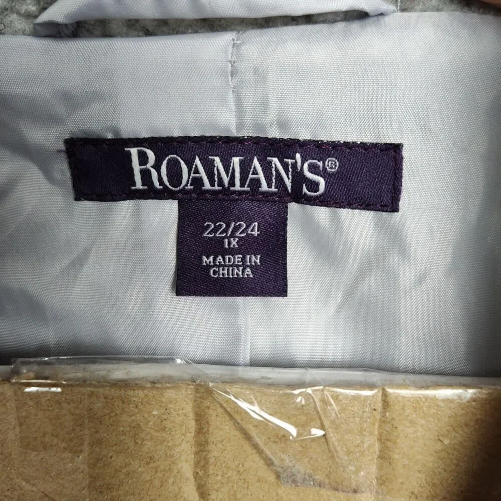 Roaman's Teddy-Bear Jacket Women's 1X 22/24 Gray‎ Full-Zip Pockets Wide Collar